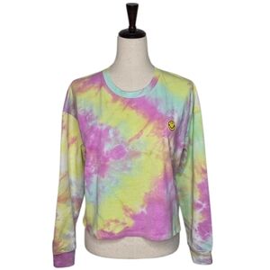All In Favor Bright Tie-Dye Applique` Long Sleeve Cropped Top Size L